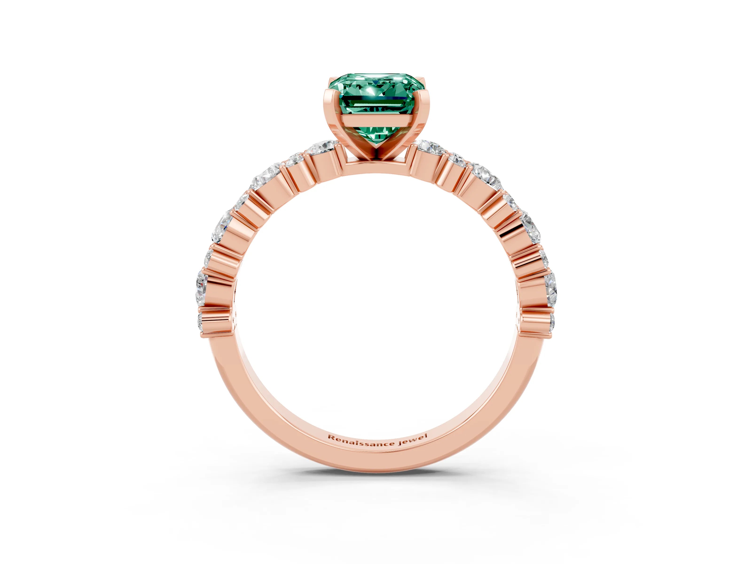 Rose gold Emerald Cut Green Sapphire Solitaire with Side Stones, Pave Band, Four-Prong Setting_39