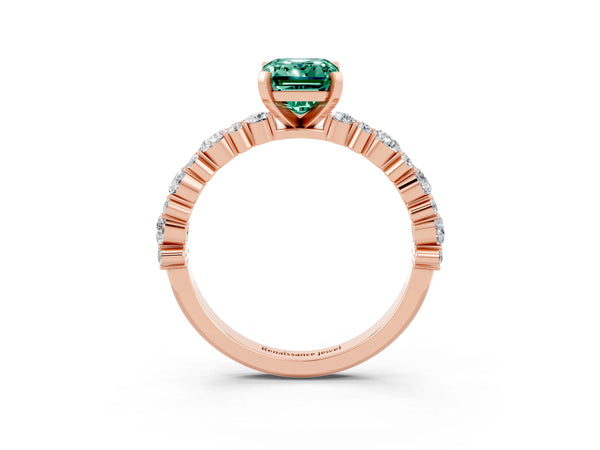 Rose gold Emerald Cut Green Sapphire Side Stone Solitaire Ring with Round  and Four-Prong Setting