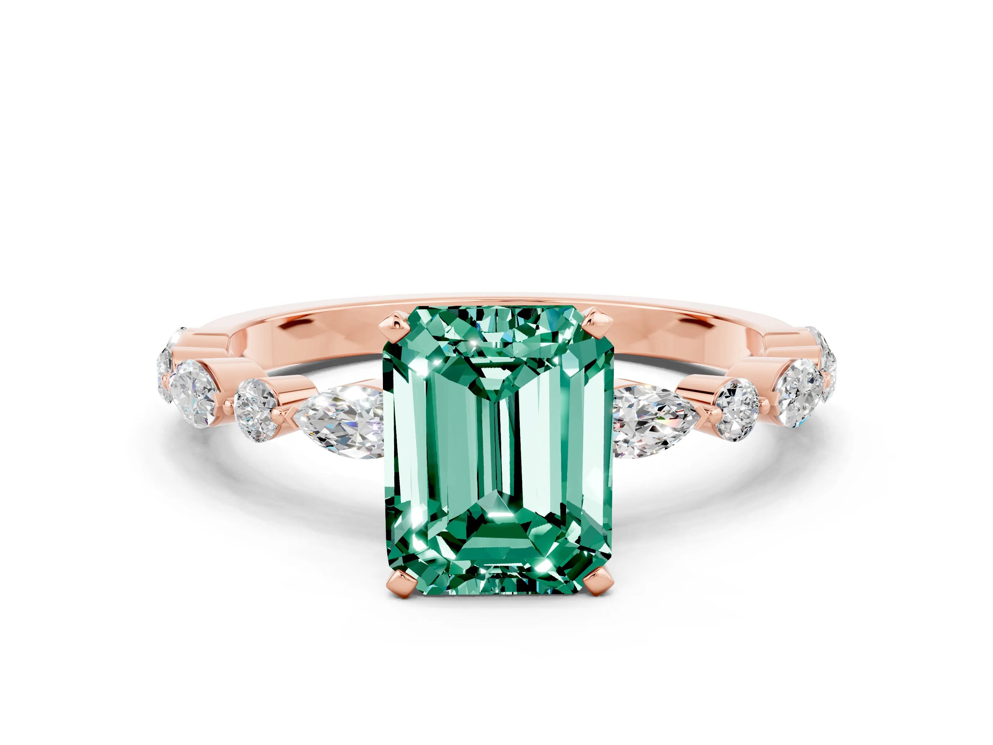 Rose gold Emerald Cut Green Sapphire Solitaire with Side Stones on a Pavé Band and Four-Prong Setting
