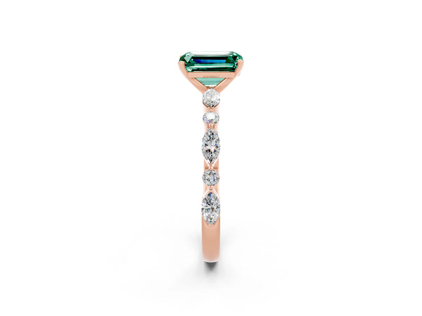 Rose gold Emerald Cut Green Sapphire Ring with Marquise and Round  Side Stones and Four-Prong Setting