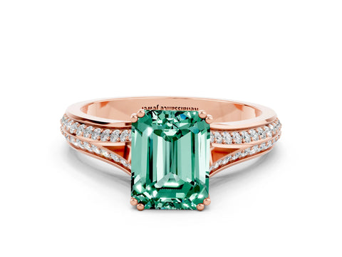 Rose gold Emerald Cut Green Sapphire Split Shank Engagement Ring with Pavé Band