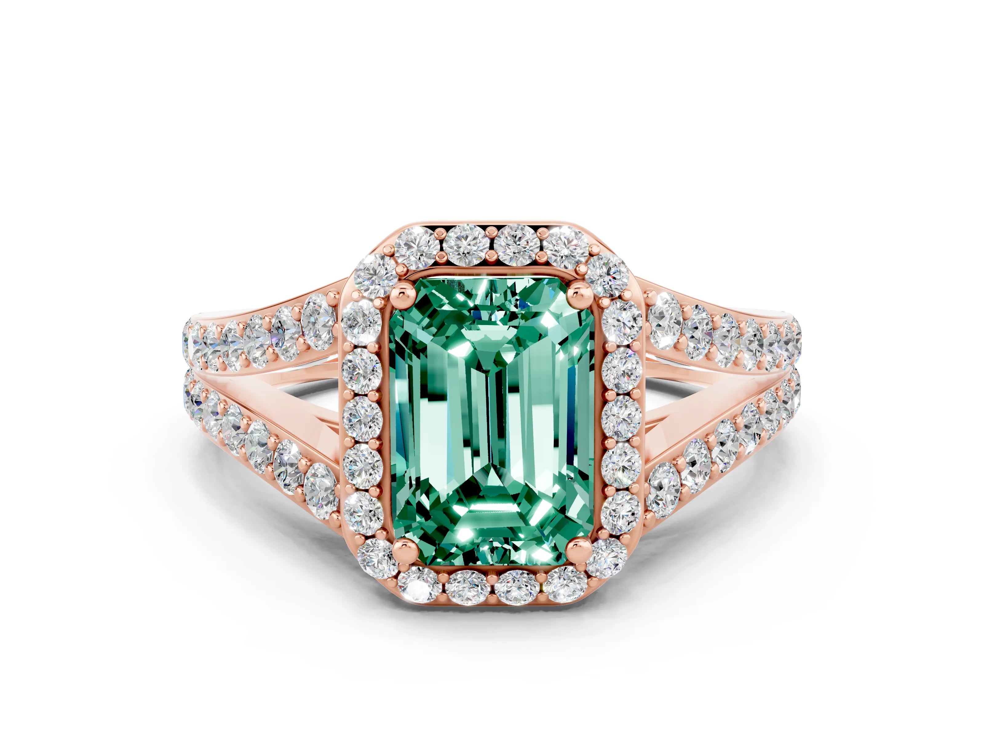 Rose gold Emerald Cut Green Sapphire Split Shank Halo Ring with Four-Prong Setting_12