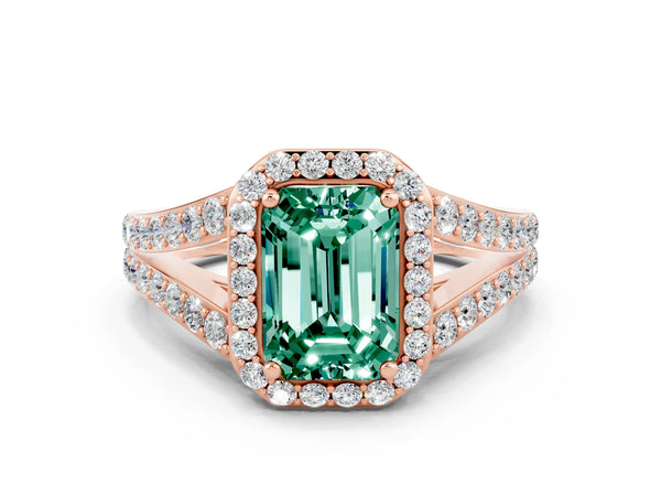 Rose gold Emerald Cut Green Sapphire Split Shank Halo Ring with Four-Prong Setting