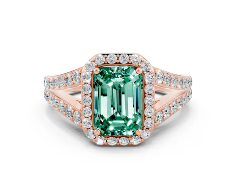 Rose gold Emerald Cut Green Sapphire Split Shank Halo Ring with Four-Prong Setting_12