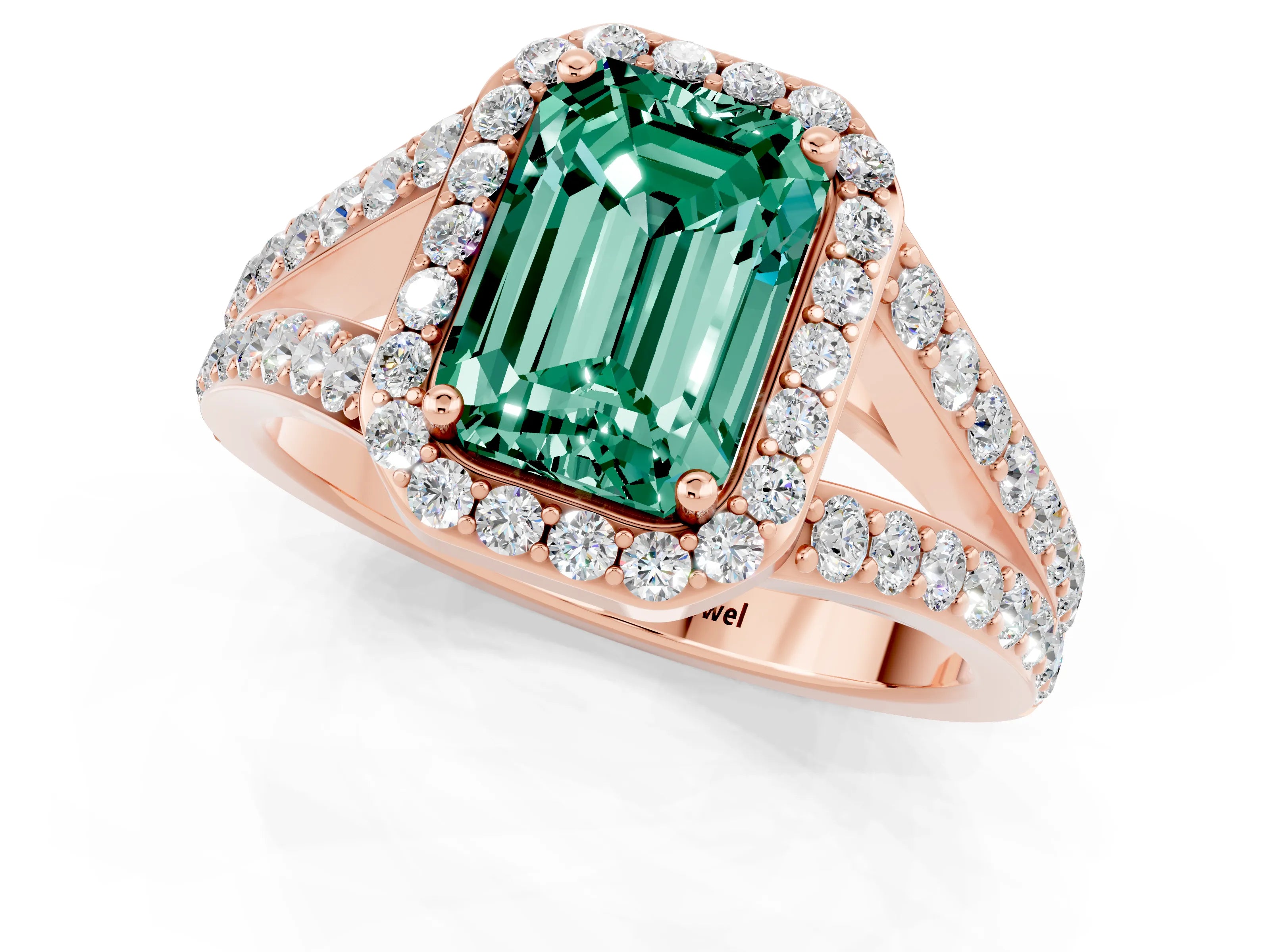 Rose gold Emerald Cut Green Sapphire Split Shank Halo Ring with Four-Prong Setting_13