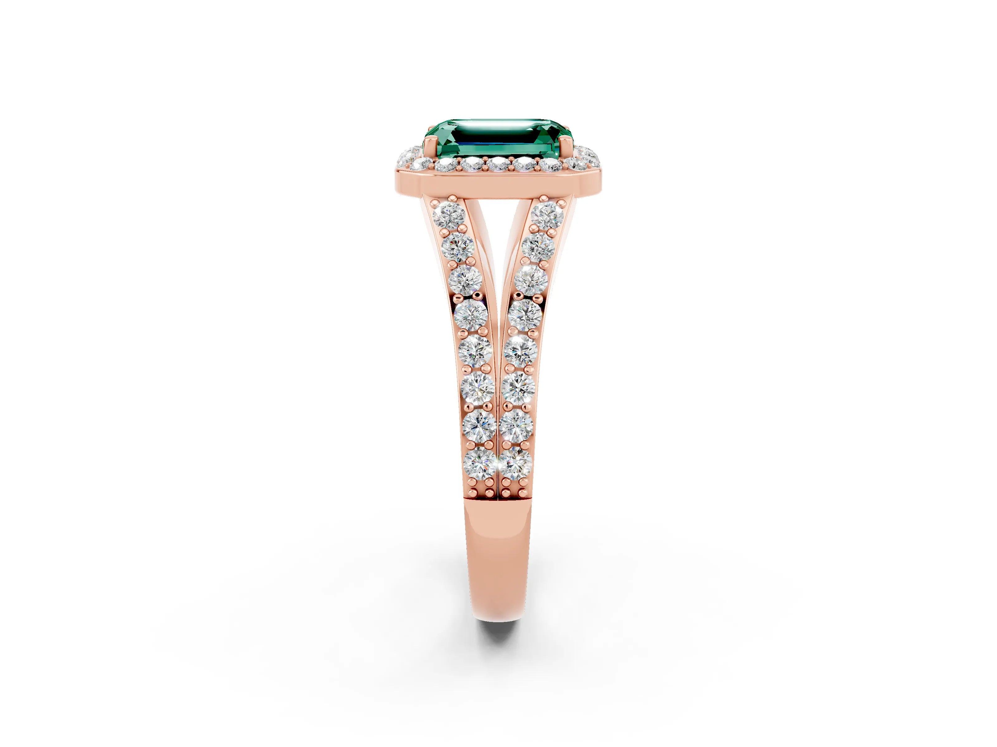 Rose gold Emerald Cut Green Sapphire Split Shank Halo Ring with Four-Prong Setting_14
