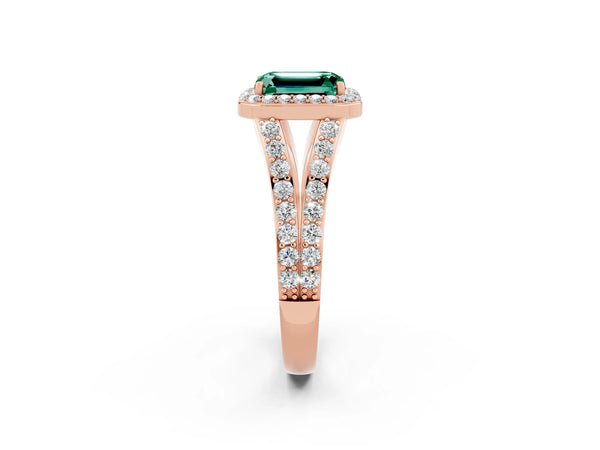 Rose gold Emerald Cut Green Sapphire Split Shank Halo Ring with Four-Prong Setting