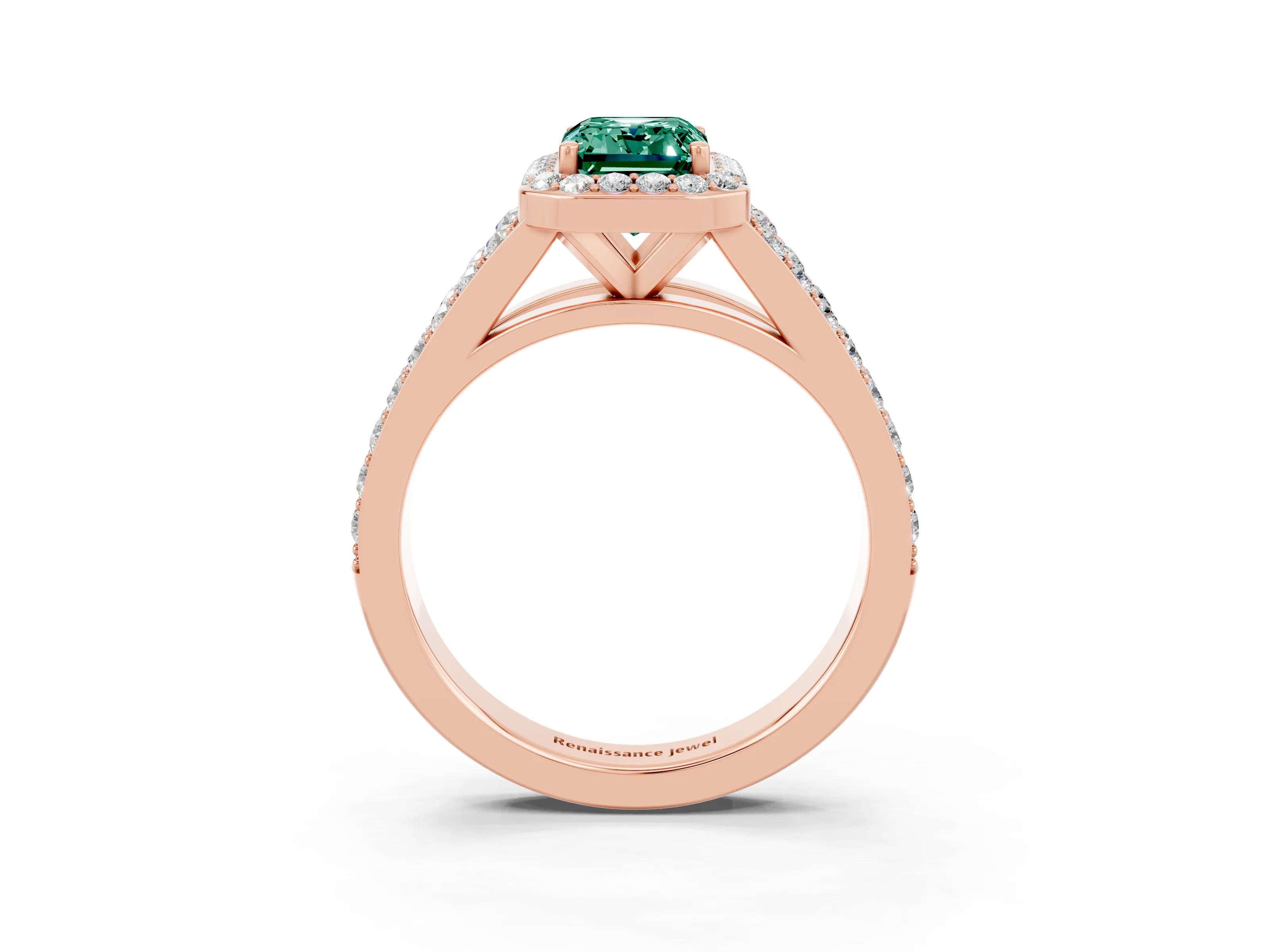 Rose gold Emerald Cut Green Sapphire Split Shank Halo Ring with Four-Prong Setting_15
