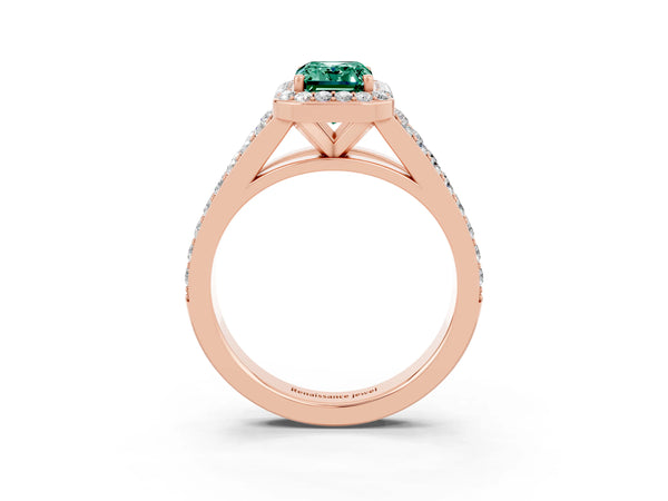 Rose gold Emerald Cut Green Sapphire Split Shank Halo Ring with Four-Prong Setting
