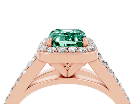 Rose gold Emerald Cut Green Sapphire Split Shank Halo Ring with Four-Prong Setting_16