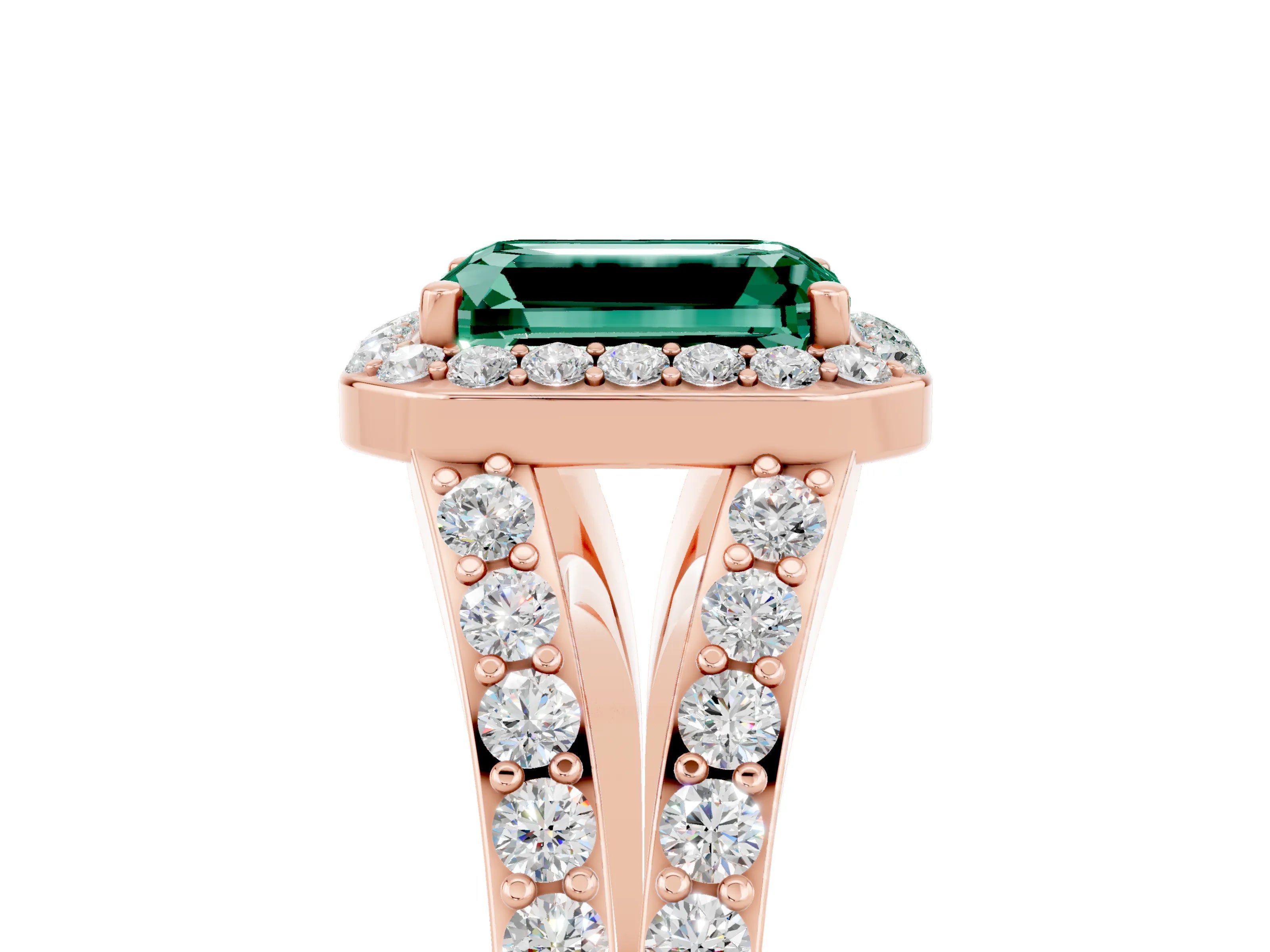 Rose gold Emerald Cut Green Sapphire Split Shank Halo Ring with Four-Prong Setting_17