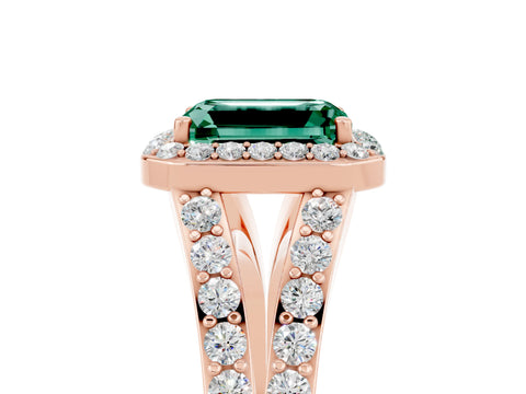 Rose gold Emerald Cut Green Sapphire Split Shank Halo Ring with Four-Prong Setting_17