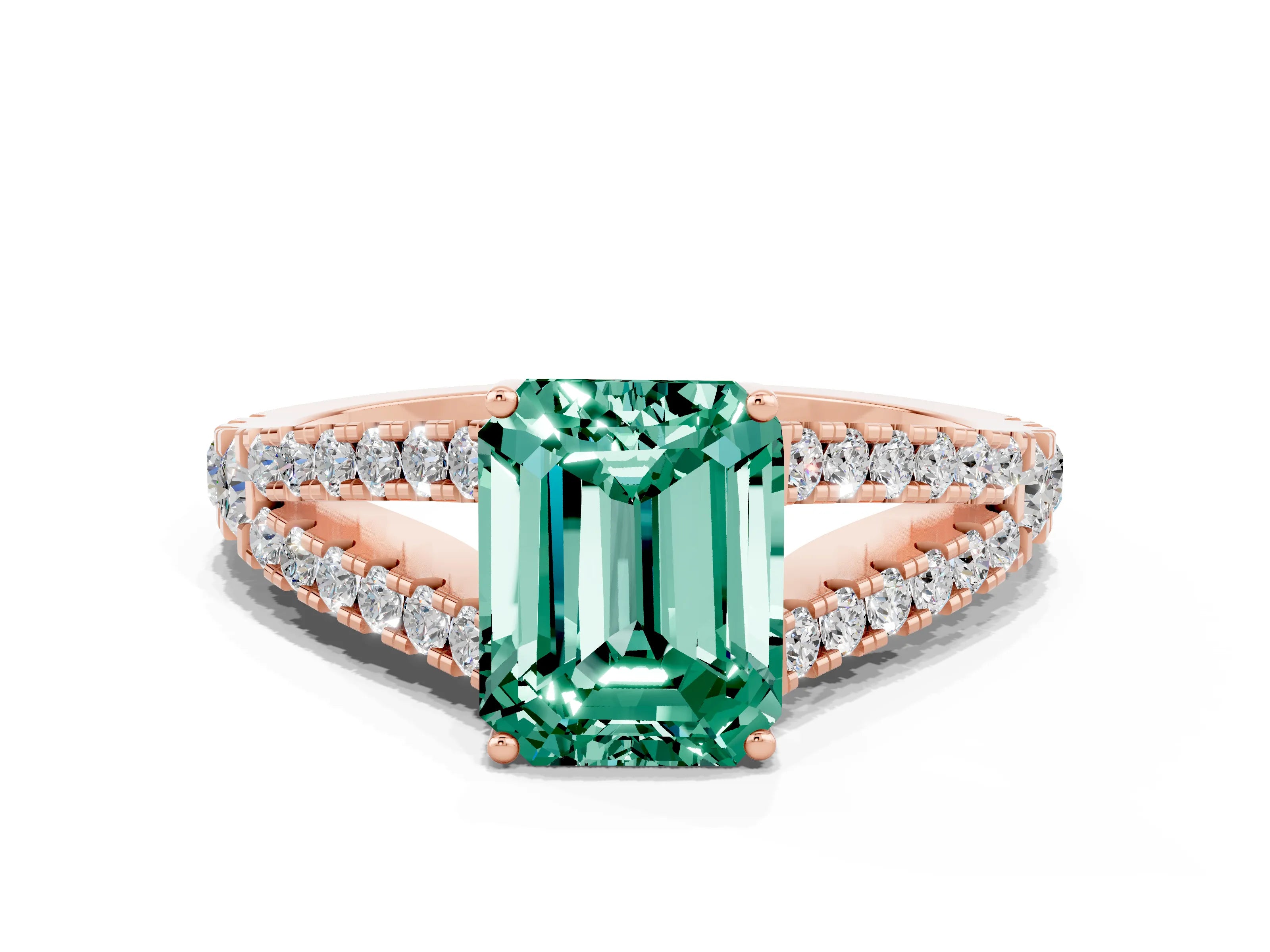 Rose gold Emerald Cut Green Sapphire Split Shank Pavé Engagement Ring with Four-Prong Setting_12