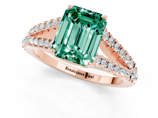 Rose gold Emerald Cut Green Sapphire Split Shank Pavé Engagement Ring with Four-Prong Setting