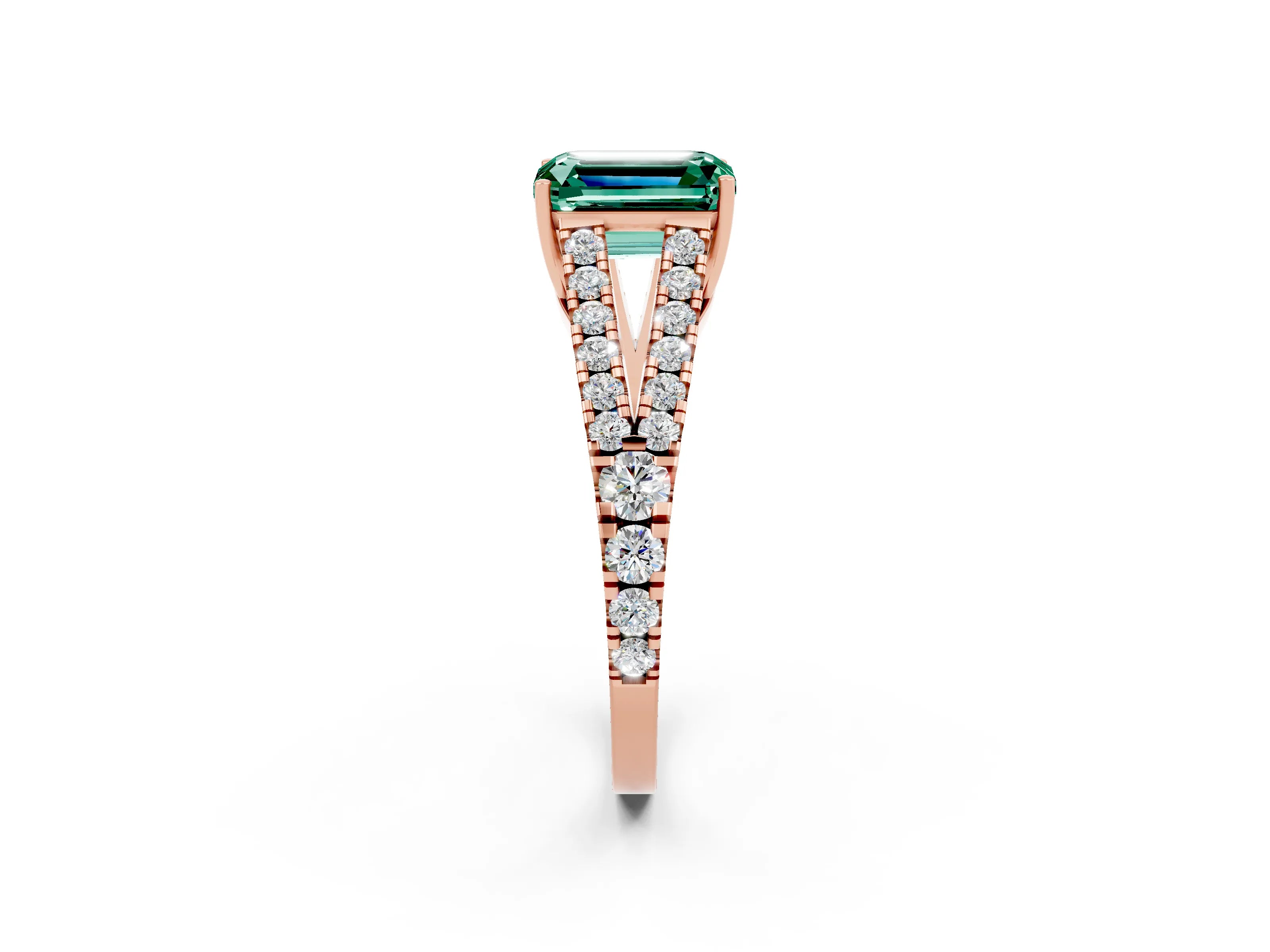 Rose gold Emerald Cut Green Sapphire Split Shank Pavé Engagement Ring with Four-Prong Setting_14