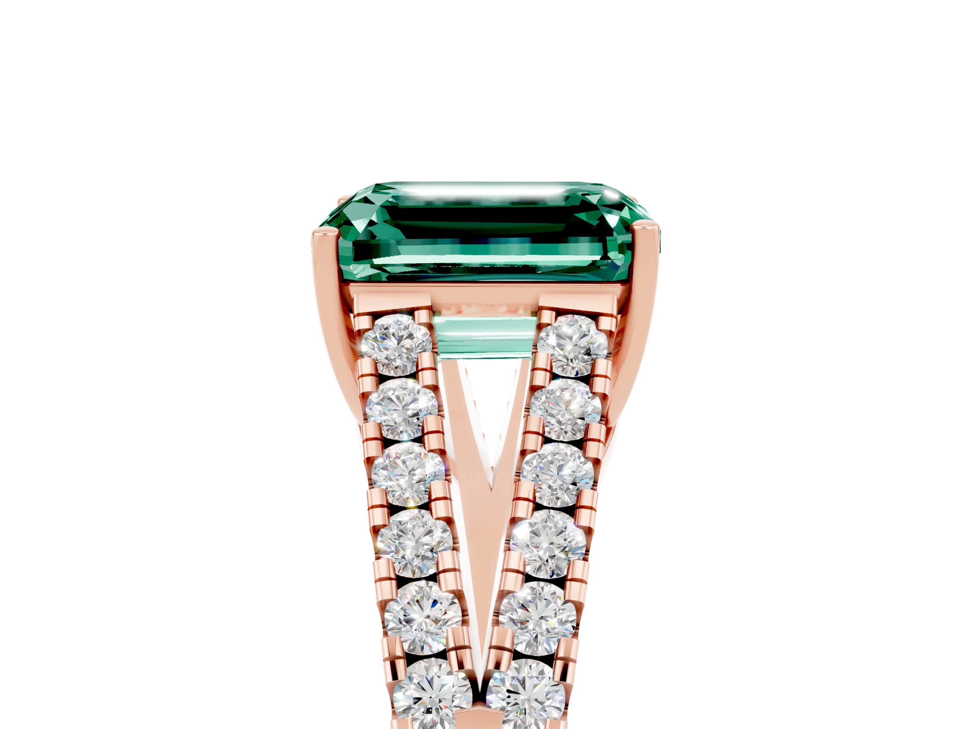 Rose gold Emerald Cut Green Sapphire Split Shank Pavé Engagement Ring with Four-Prong Setting_17