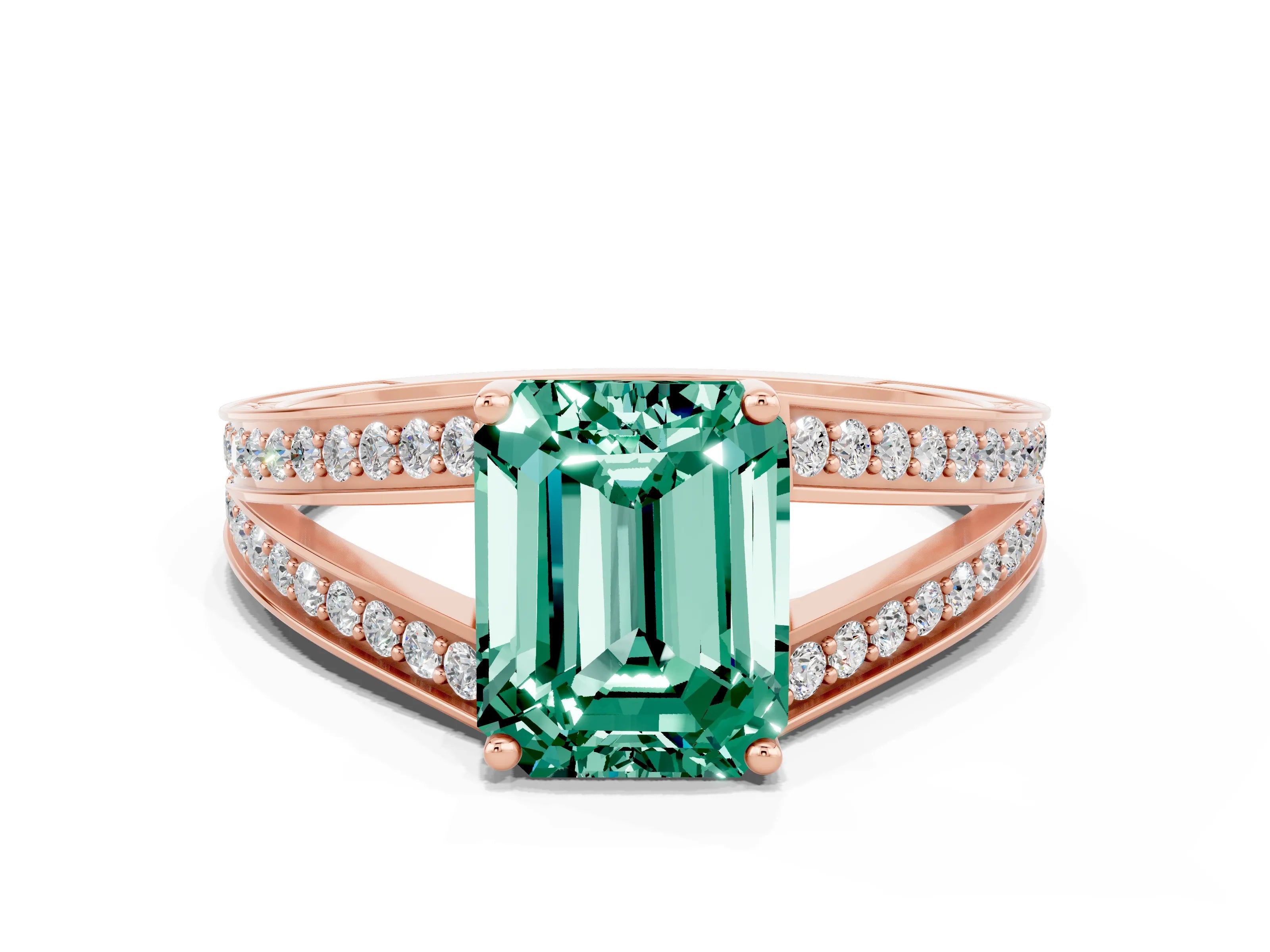 Rose gold Emerald Cut Green Sapphire Split Shank Ring with Pavé Band and Four-Prong Setting