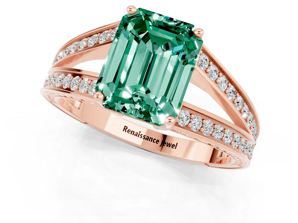 Rose gold Emerald Cut Green Sapphire Split Shank Ring with Pavé Band and Four-Prong Setting