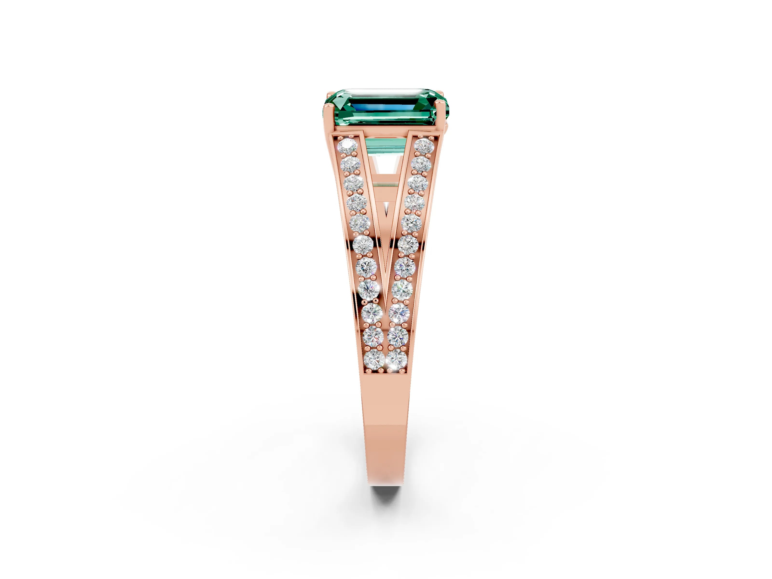 Rose gold Emerald Cut Green Sapphire Split Shank Ring with Pavé Band and Four-Prong Setting_2