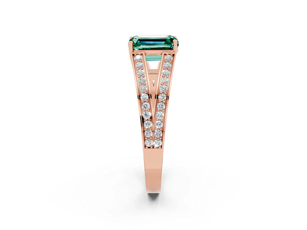 Rose gold Emerald Cut Green Sapphire Split Shank Ring with Pavé Band and Four-Prong Setting