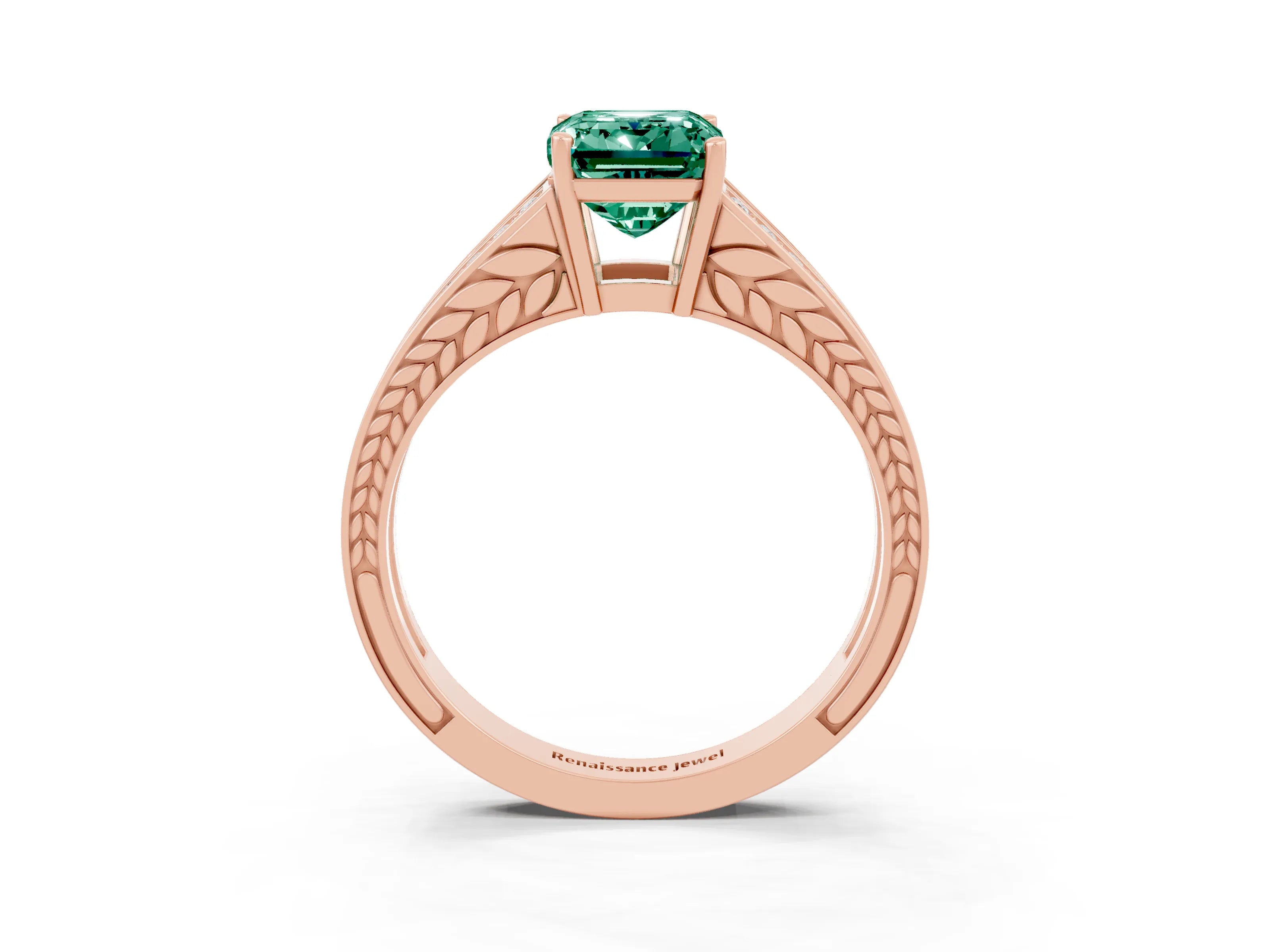 Rose gold Emerald Cut Green Sapphire Split Shank Ring with Pavé Band and Four-Prong Setting_3