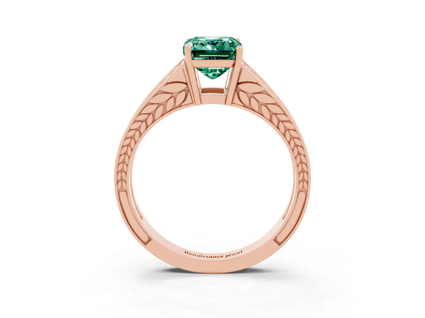 Rose gold Emerald Cut Green Sapphire Split Shank Ring with Pavé Band and Four-Prong Setting