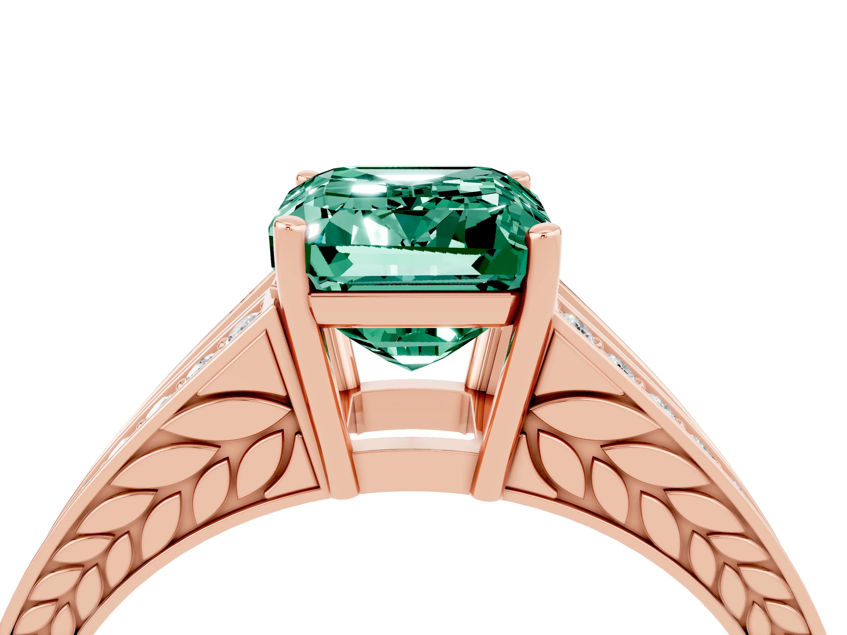 Rose gold Emerald Cut Green Sapphire Split Shank Ring with Pavé Band and Four-Prong Setting_4