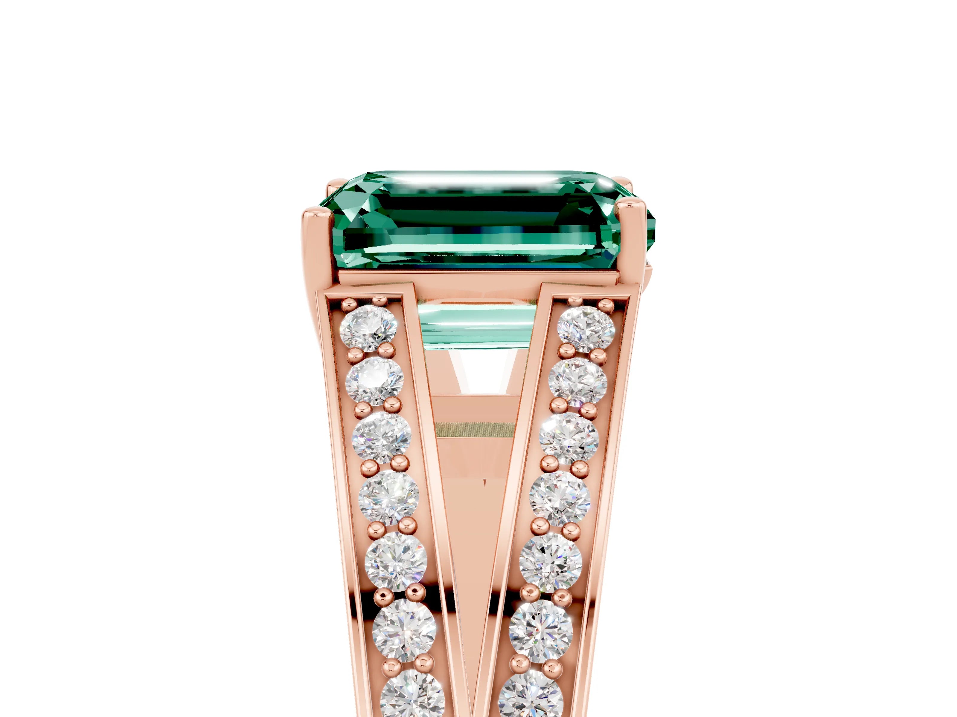 Rose gold Emerald Cut Green Sapphire Split Shank Ring with Pavé Band and Four-Prong Setting_5
