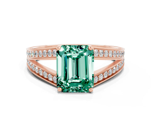 Rose gold Emerald Cut Green Sapphire Split Shank Ring with Pavé Band and Four-Prong Setting