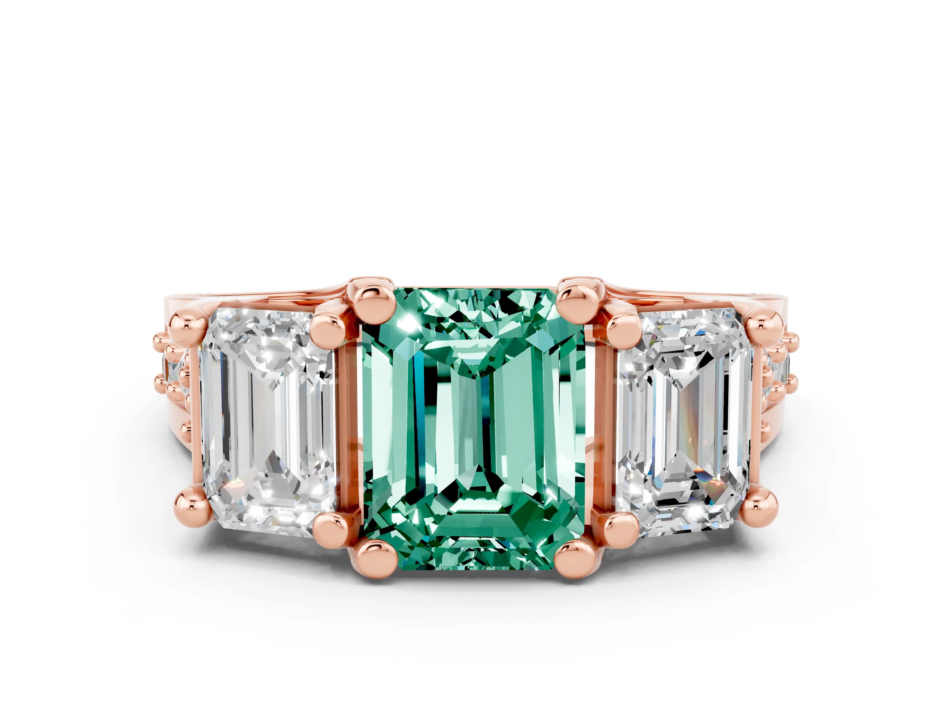 Rose gold Emerald Cut Green Sapphire Three-Stone Ring with Channel Set Band and Four-Prong Setting