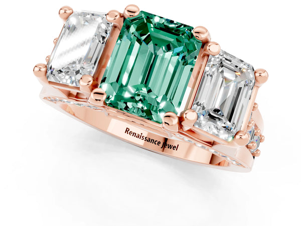 Rose gold Emerald Cut Green Sapphire Three-Stone Ring with Channel Set Band and Four-Prong Setting