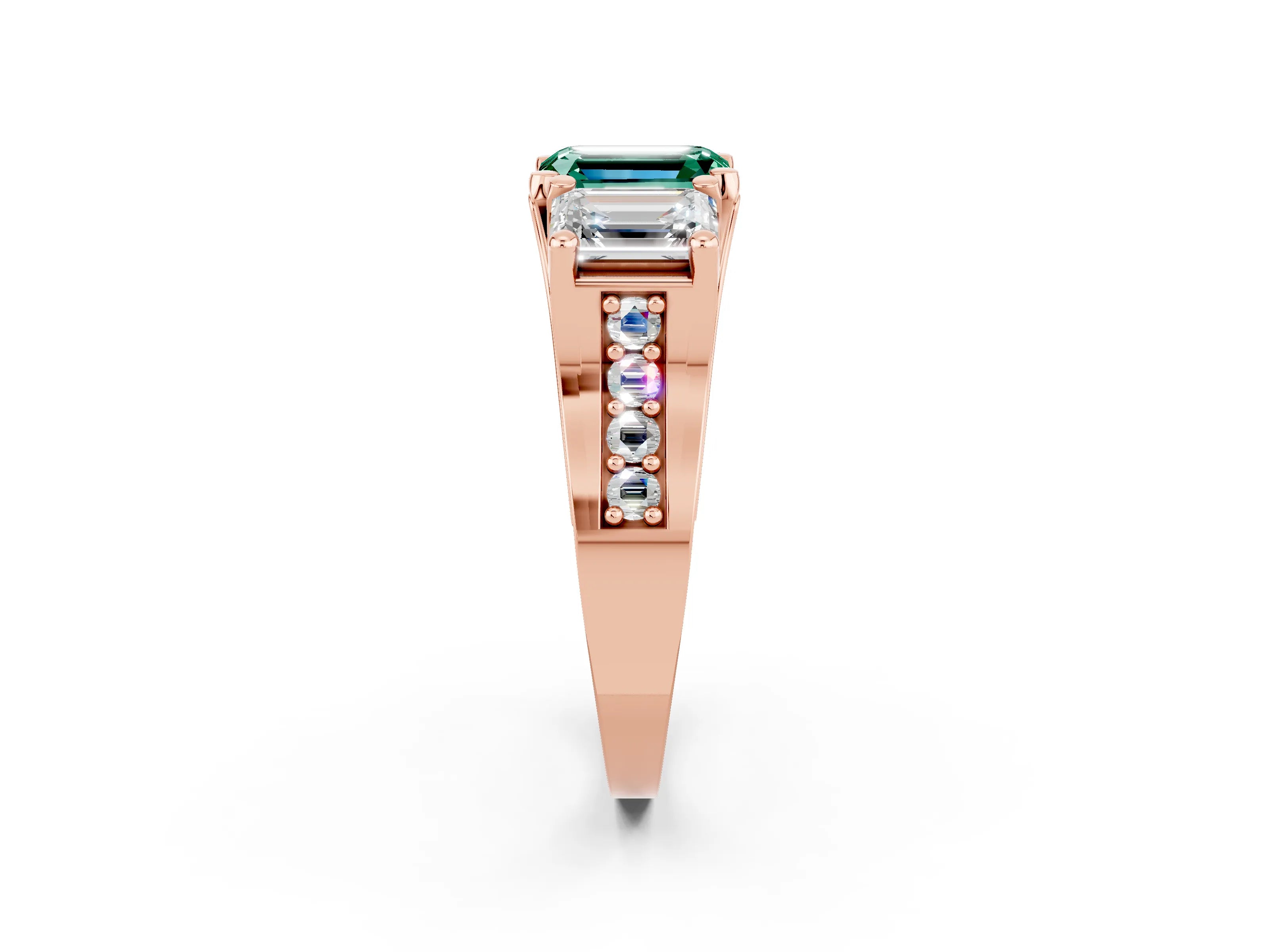 Rose gold Emerald Cut Green Sapphire Three-Stone Ring with Channel Set Band and Four-Prong Setting_2