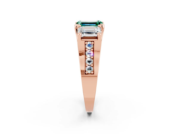 Rose gold Emerald Cut Green Sapphire Three-Stone Ring with Channel Set Band and Four-Prong Setting