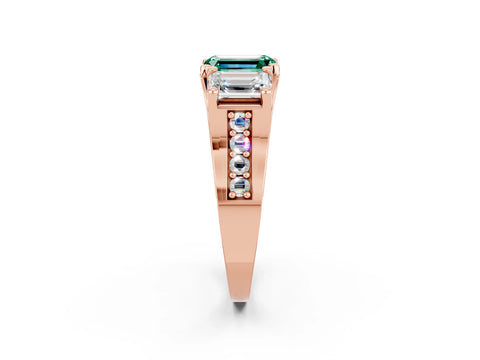 Rose gold Emerald Cut Green Sapphire Three-Stone Ring with Channel Set Band and Four-Prong Setting_2