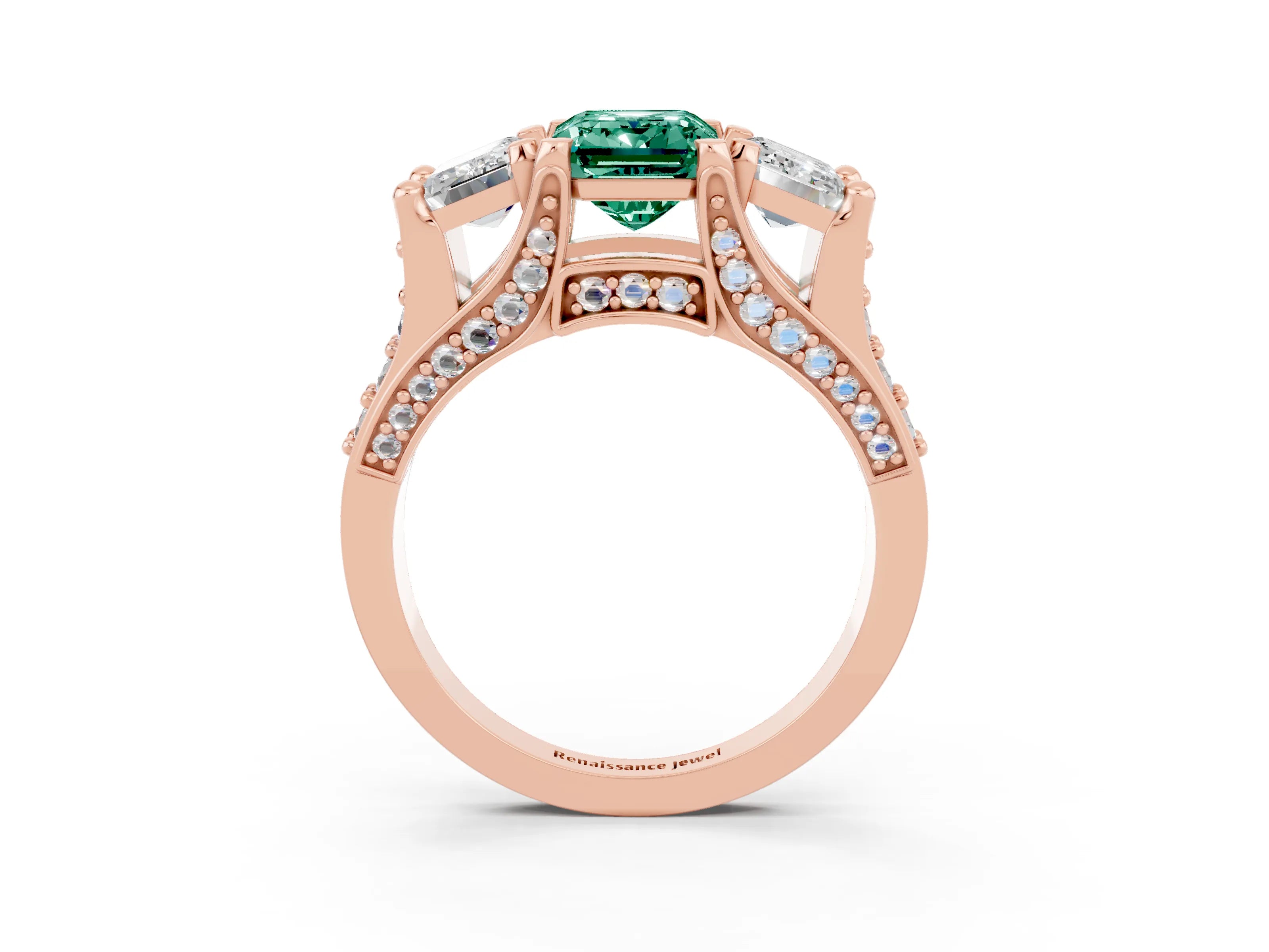 Rose gold Emerald Cut Green Sapphire Three-Stone Ring with Channel Set Band and Four-Prong Setting_3