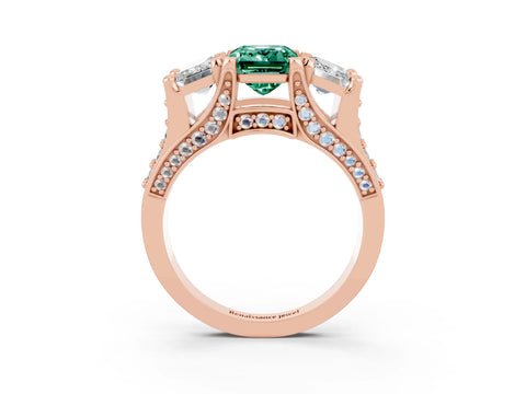 Rose gold Emerald Cut Green Sapphire Three-Stone Ring with Channel Set Band and Four-Prong Setting_3