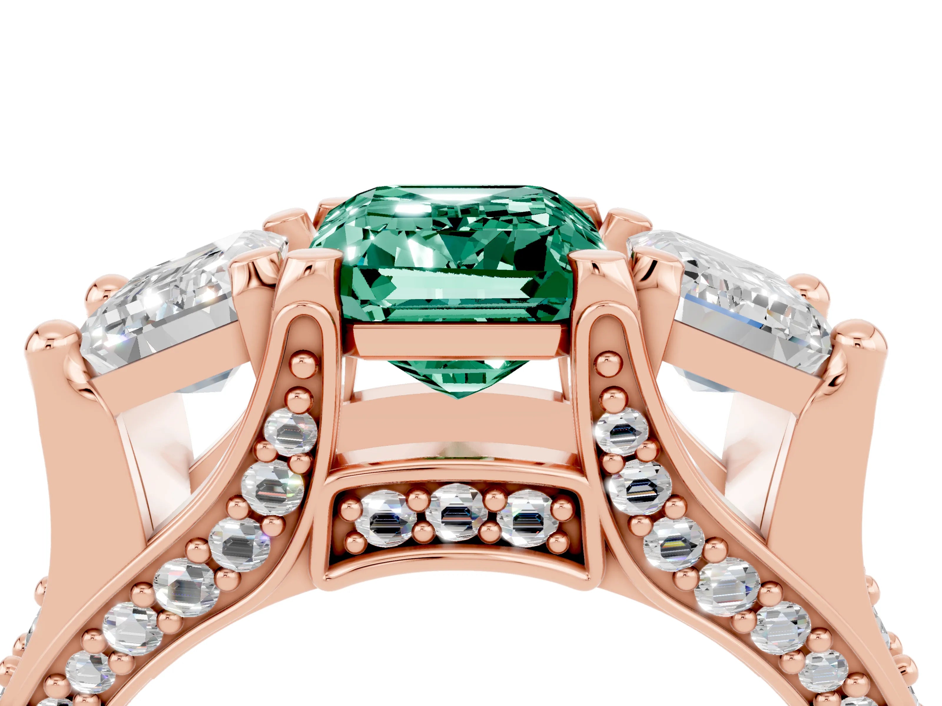 Rose gold Emerald Cut Green Sapphire Three-Stone Ring with Channel Set Band and Four-Prong Setting_4