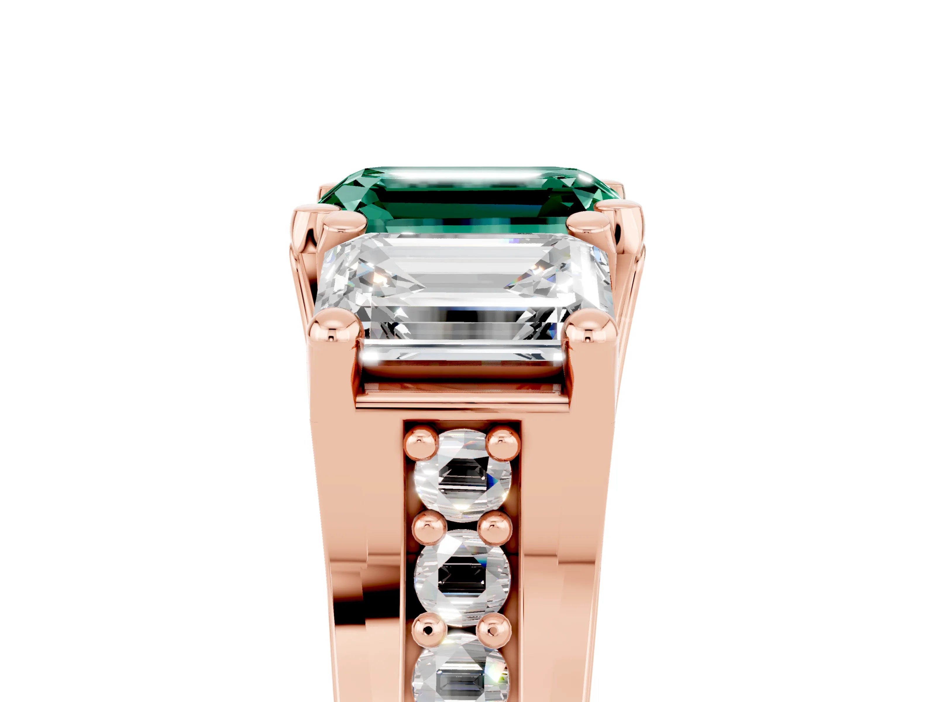 Rose gold Emerald Cut Green Sapphire Three-Stone Ring with Channel Set Band and Four-Prong Setting_5