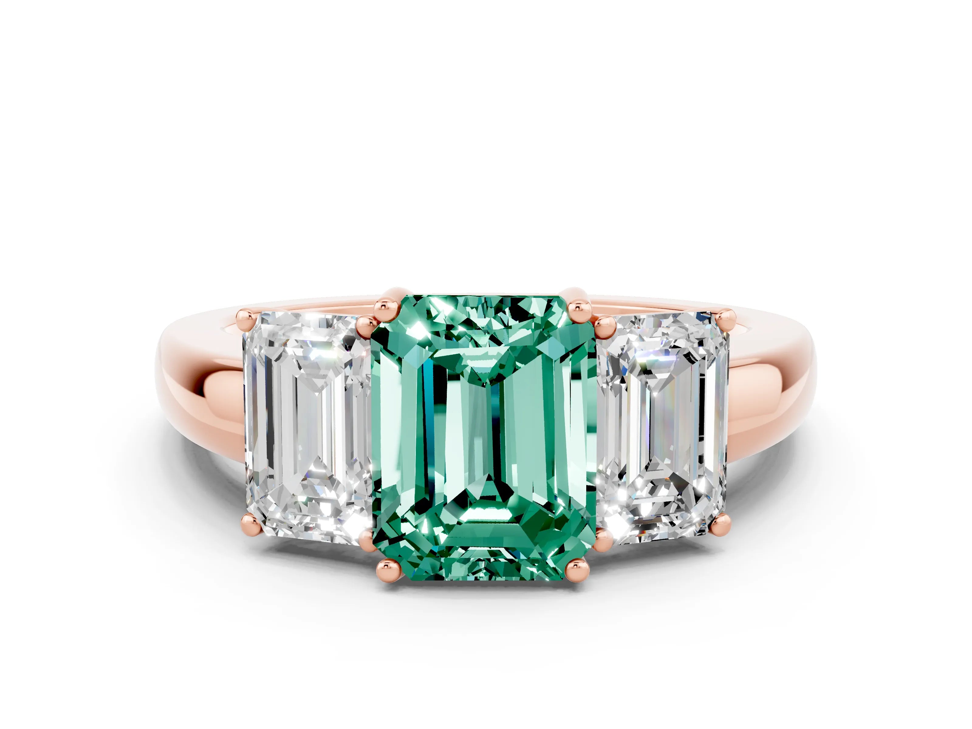 Rose gold Emerald Cut Green Sapphire Three-Stone Ring with Four-Prong Setting and Classic Band