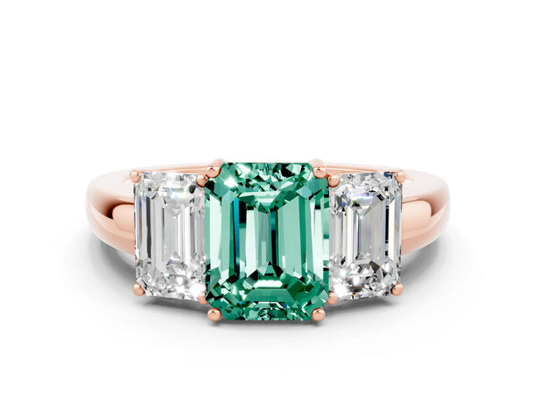 Rose gold Emerald Cut Green Sapphire Three-Stone Ring with Four-Prong Setting and Classic Band