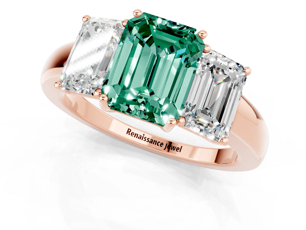 Rose gold Emerald Cut Green Sapphire Three-Stone Ring with Four-Prong Setting and Classic Band
