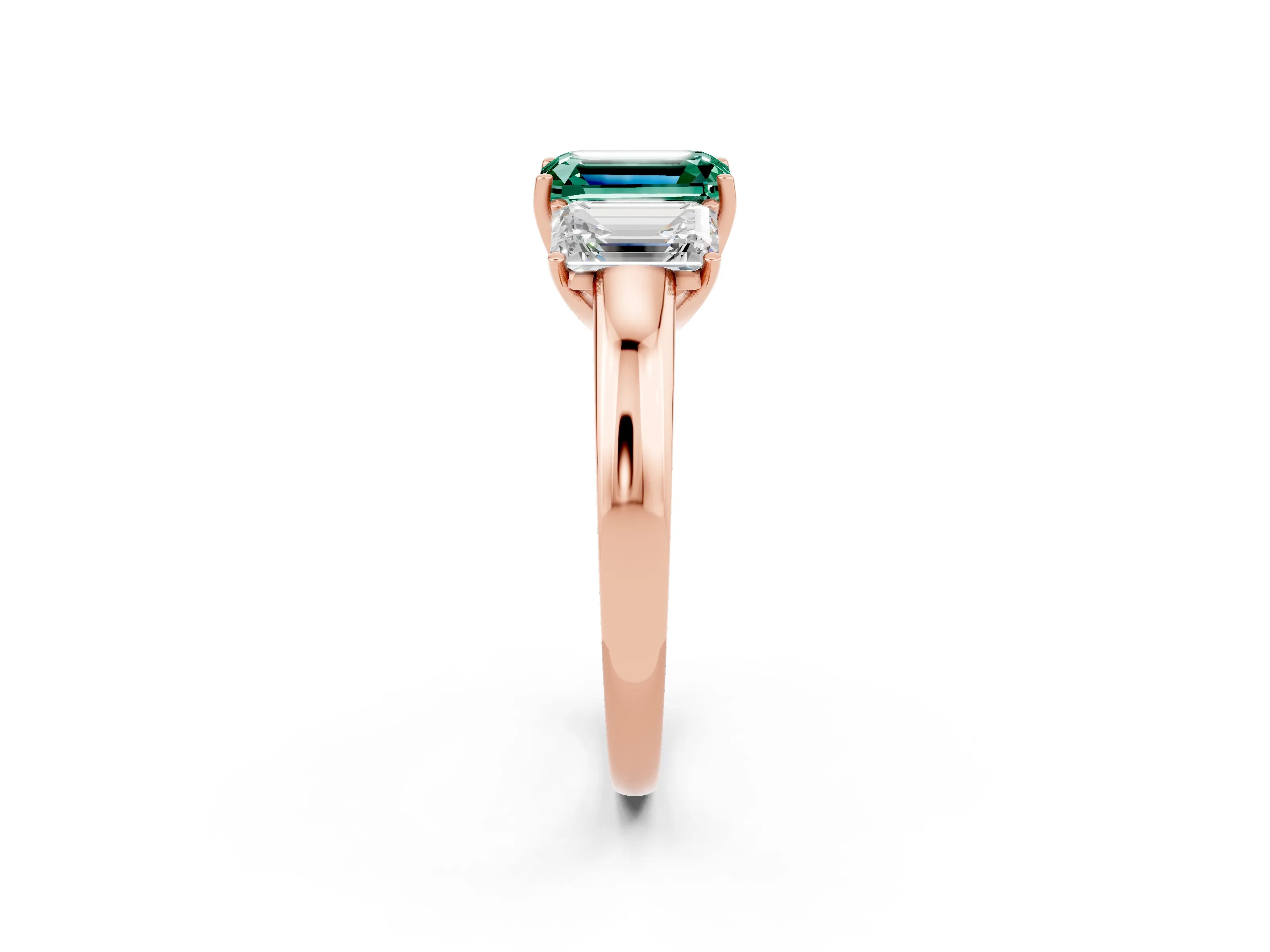 Rose gold Emerald Cut Green Sapphire Three-Stone Ring with Four-Prong Setting and Classic Band_2
