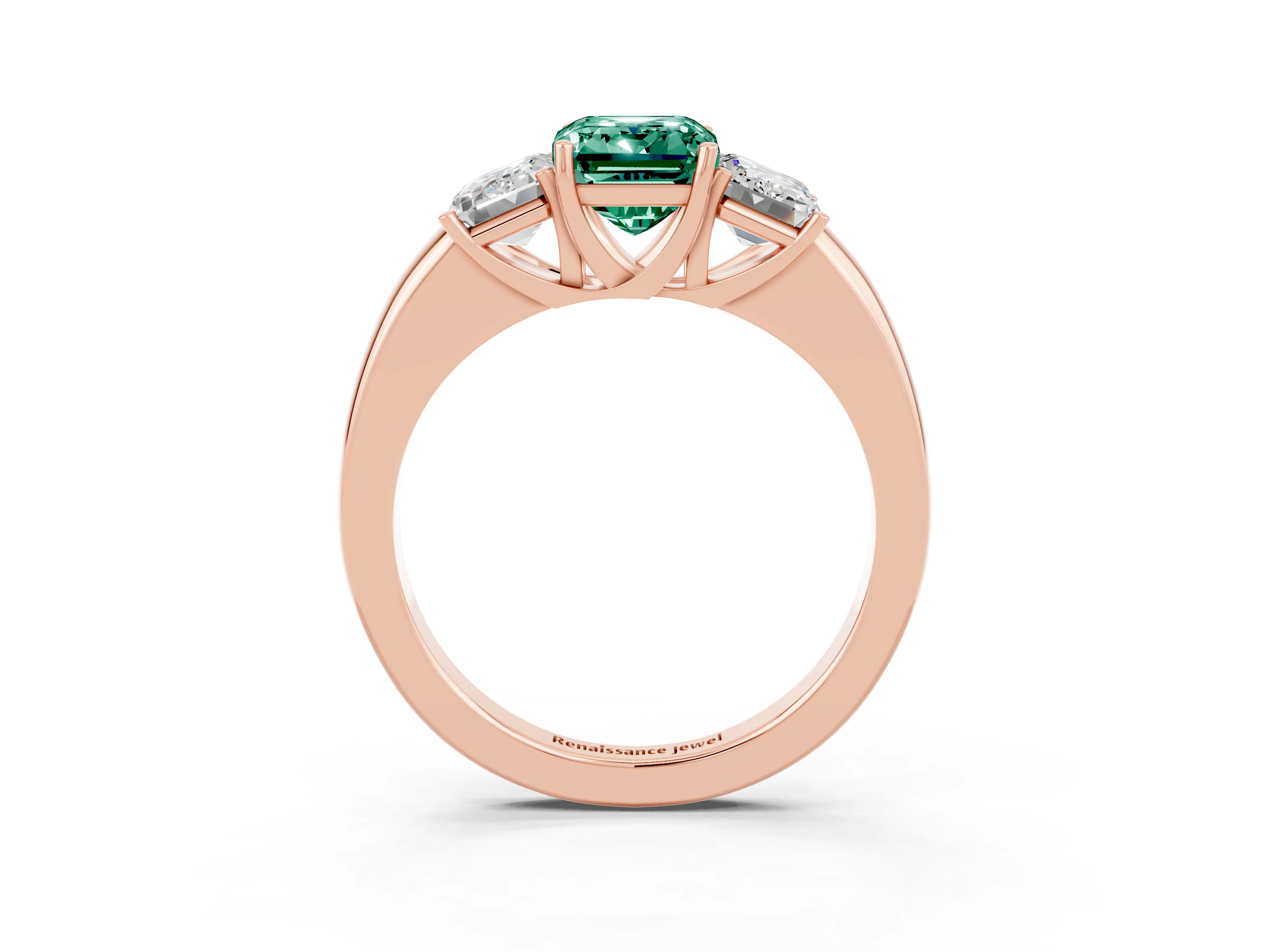 Rose gold Emerald Cut Green Sapphire Three-Stone Ring with Four-Prong Setting and Classic Band_3