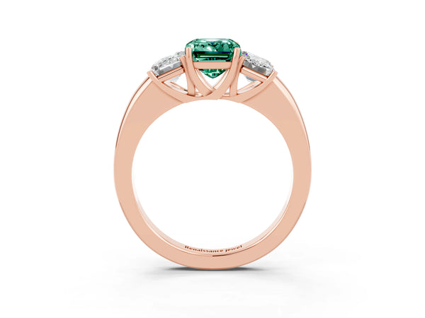 Rose gold Emerald Cut Green Sapphire Three-Stone Ring with Four-Prong Setting and Classic Band