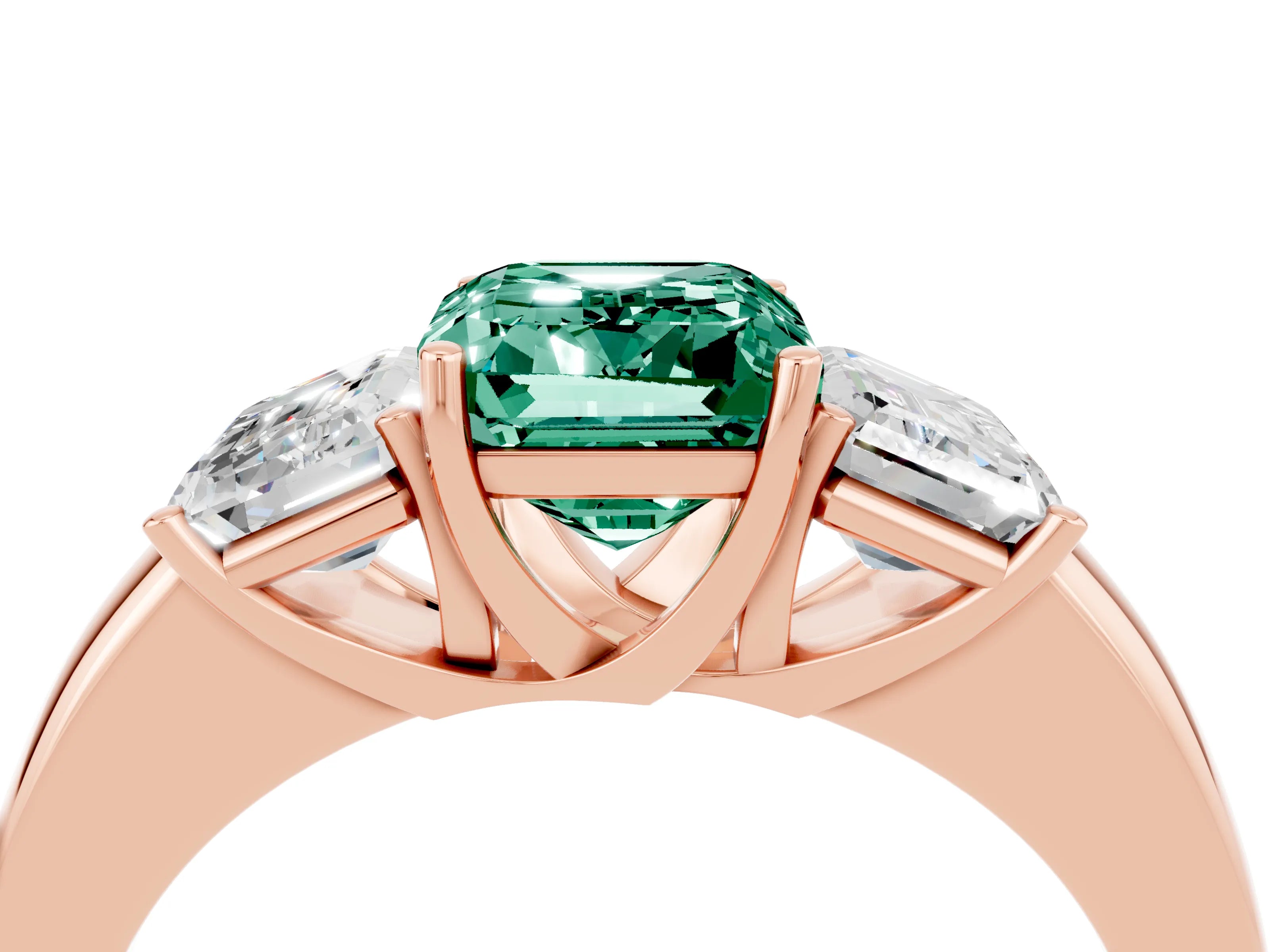 Rose gold Emerald Cut Green Sapphire Three-Stone Ring with Four-Prong Setting and Classic Band_4