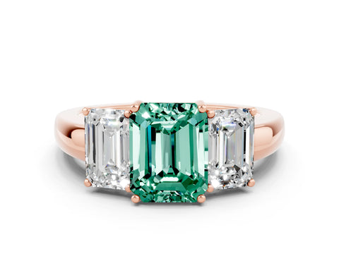 Rose gold Emerald Cut Green Sapphire Three-Stone Ring with Four-Prong Setting and Classic Band
