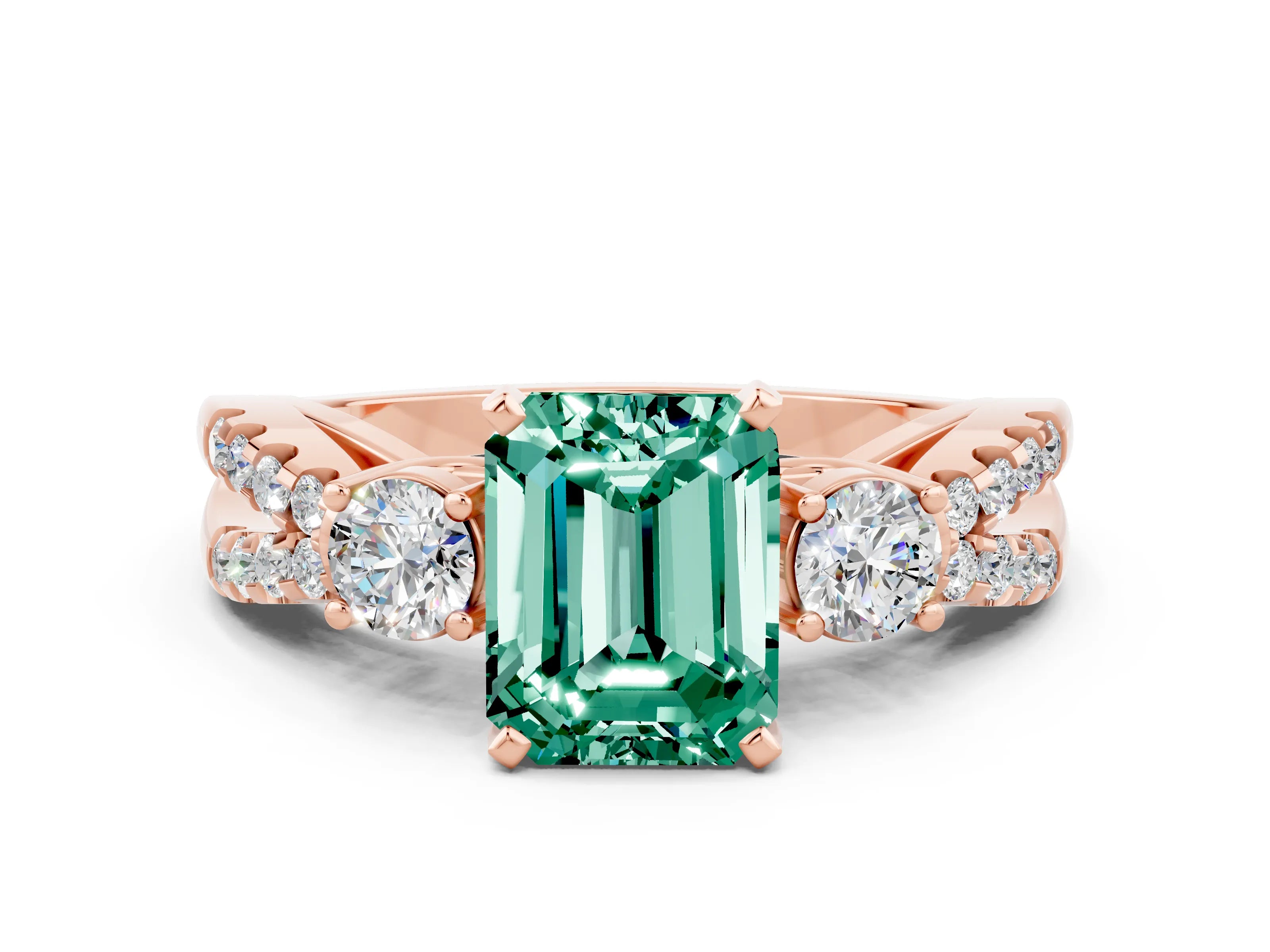 Rose gold Emerald Cut Green Sapphire Three-Stone Ring with Pavé Split Shank and Four-Prong Setting