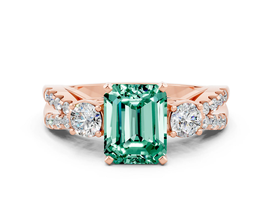 Rose gold Emerald Cut Green Sapphire Three-Stone Ring with Pavé Split Shank and Four-Prong Setting