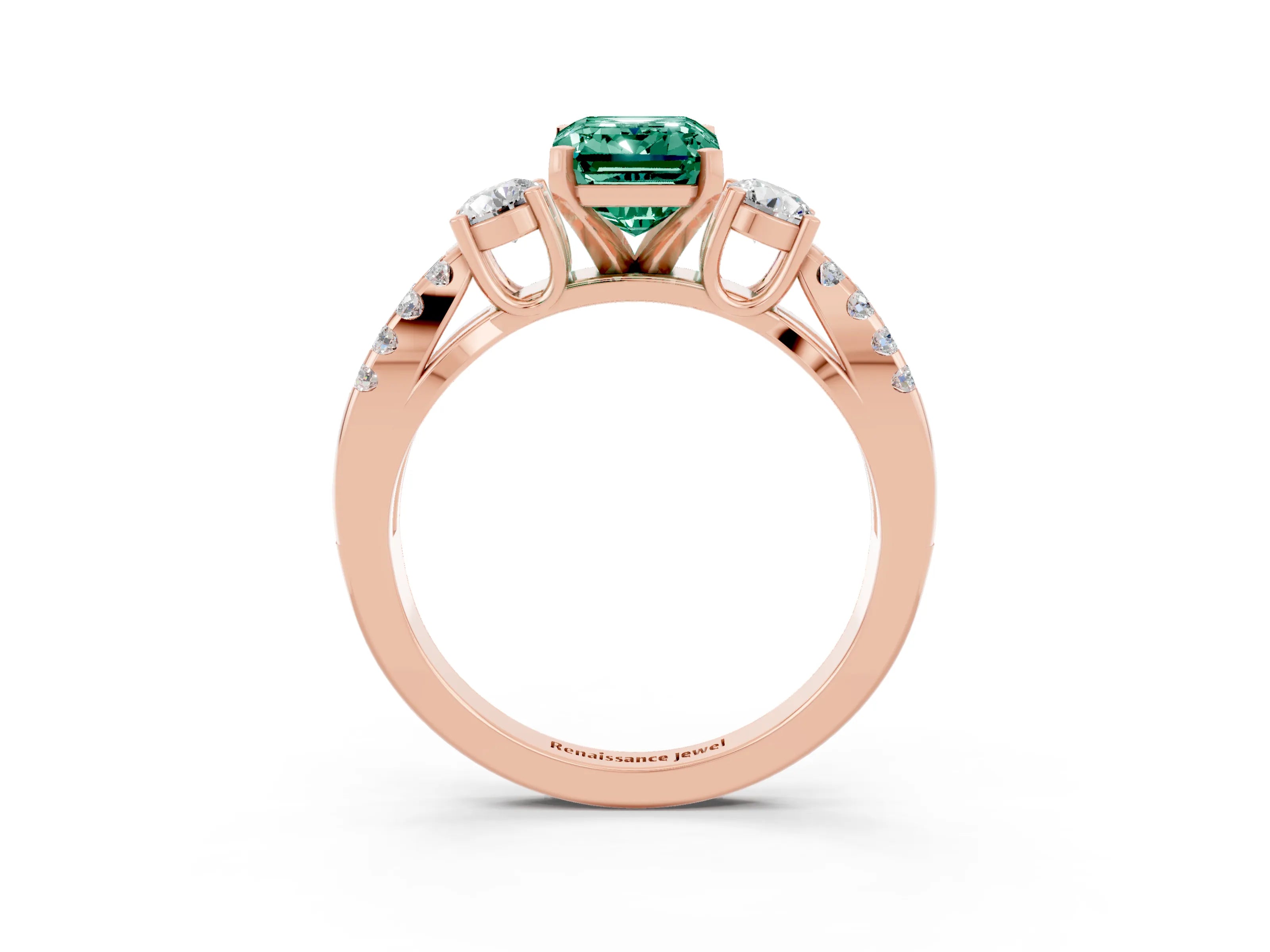Rose gold Emerald Cut Green Sapphire Three-Stone Ring with Pavé Split Shank and Four-Prong Setting_3