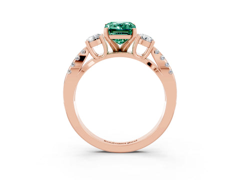 Rose gold Emerald Cut Green Sapphire Three-Stone Ring with Pavé Split Shank and Four-Prong Setting_3